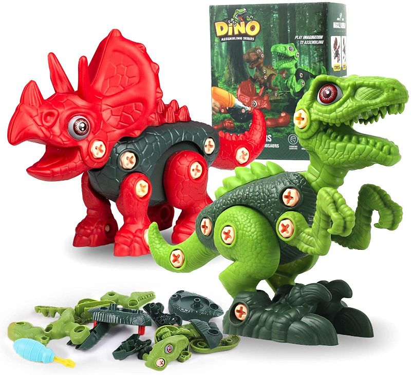 Photo 1 of Take Apart Dinosaur Toys for Kids - 2 Pack Dino Set with Tools, Green T Rex & Red Triceratops STEM Learning Building Blocks Kit, Best Birthday Gifts for Age 3 4 5 6 7 Year Old Boys Girls Toddler
