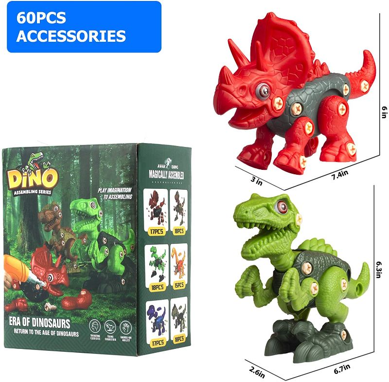 Photo 1 of Take Apart Dinosaur Toys for Kids - 2 Pack Dino Set with Tools, Green T Rex & Red Triceratops STEM Learning Building Blocks Kit
