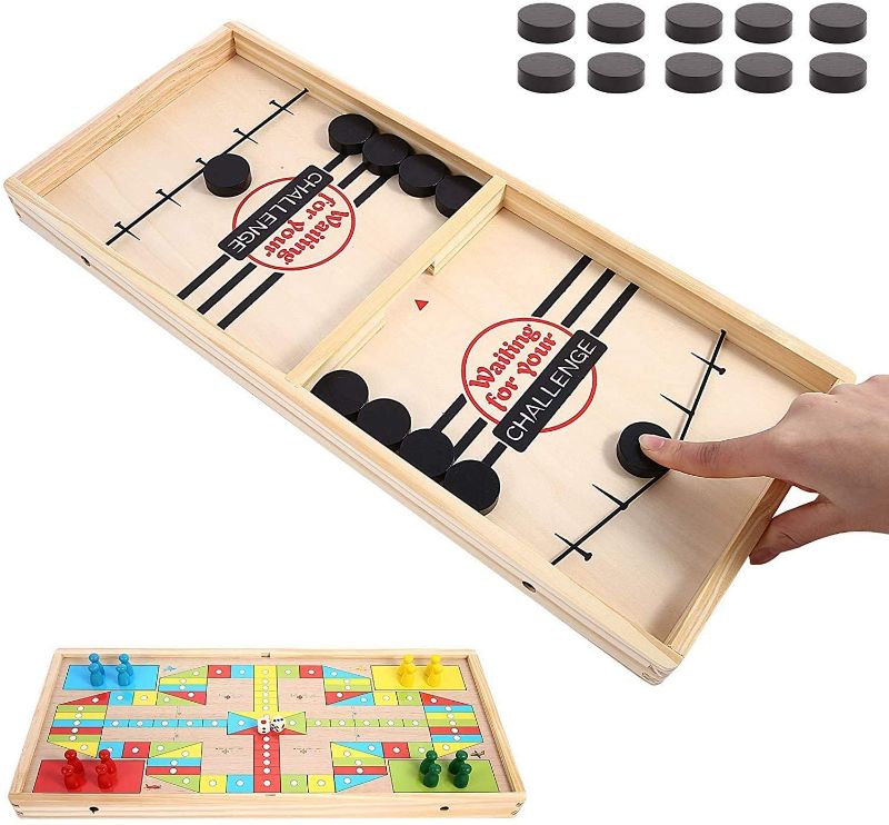 Photo 1 of Large Fast Sling Puck Game, 2 in 1 Table Battle Games, Paced Winner Board Games Toys for Family Game Night, Wooden Hockey Table Game, Parent-Child Interactive Board Toys
