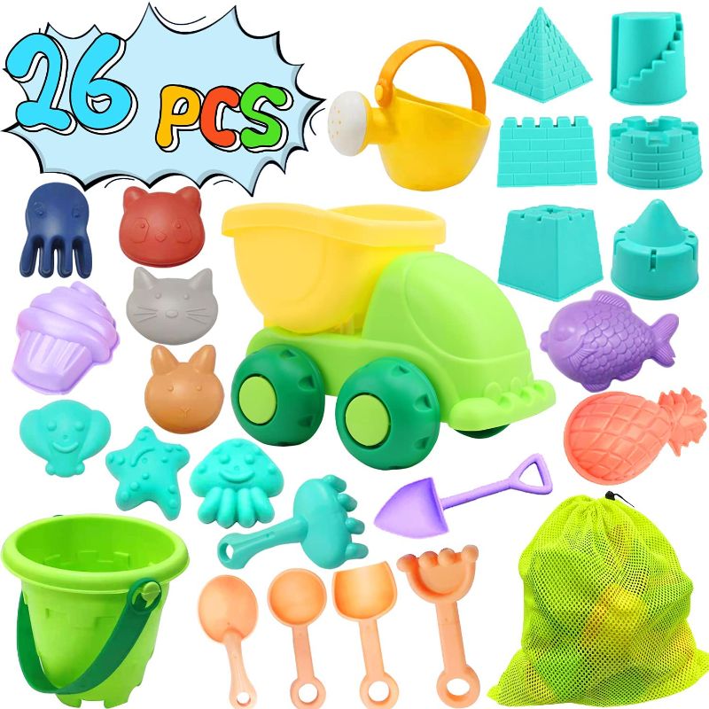 Photo 1 of Pizigci Beach Toys for Kids Includes Mesh Bag, Castle Molds, Sand Shovel, Waterwheels, Buckets, Ice Cream, Animal Molds, 26 in 1 Summer Beach Sand Toy Set
