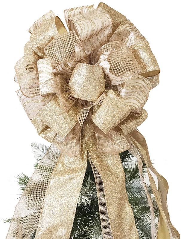 Photo 1 of Christmas Tree Topper Bow with Glitter Satin Streamer, Large Toppers Bow with Wired Edge for Christmas Decoration Handmade Gift (Rose Gold)
