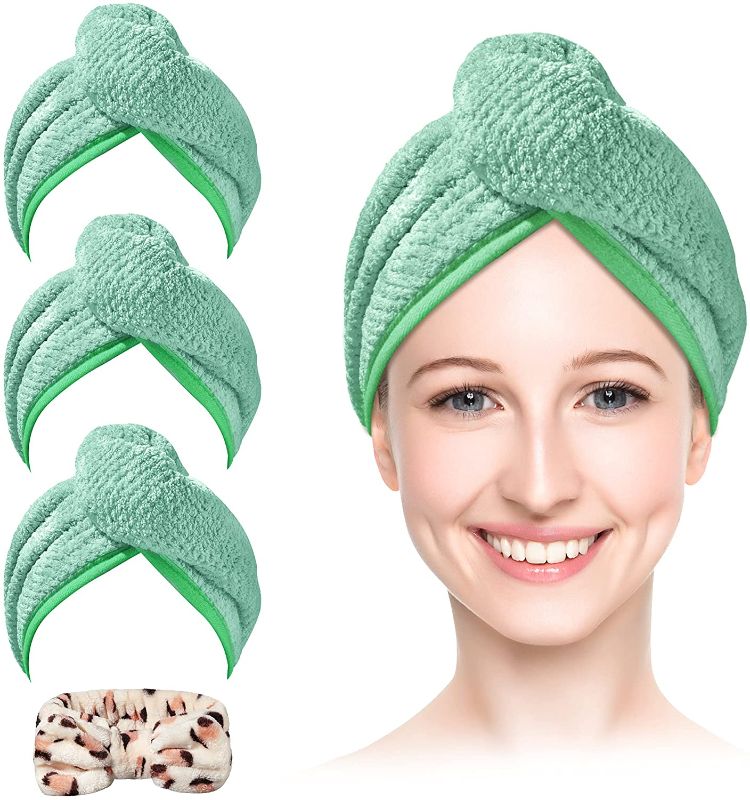 Photo 1 of Microfiber Hair Towel, H.VERONNEX 3+1 Pack Hair Turbans for Wet Hair,Ultra Absorbent Quick Dry Hair Turban for Curly Hair Women Anti Frizz (Turquoise)
