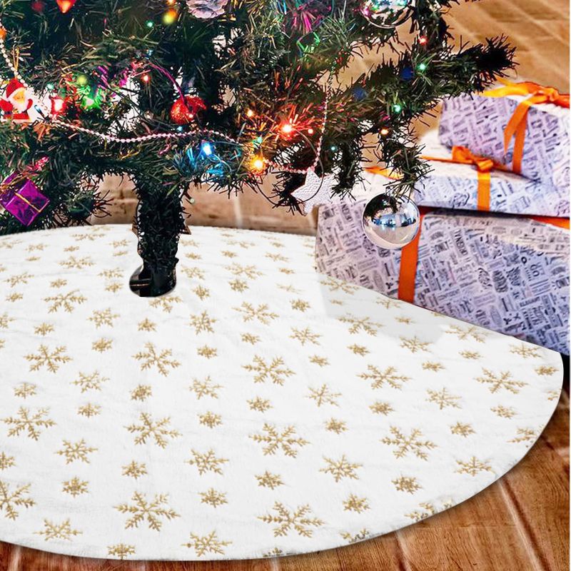 Photo 1 of 48 Inch Christmas Tree Skirt, White Luxury Fluffy Soft Faux Fur Christmas Tree Skirt with White Plush Gold Sequin Snowflake for Xmas Tree Holiday Party Decorations