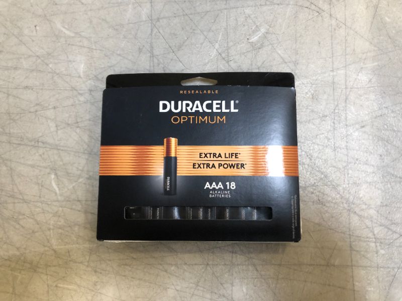 Photo 2 of Duracell Optimum AAA Batteries | Lasting Power Triple A Battery | Alkaline AAA Battery Ideal for Household and Office Devices | Resealable Package for Storage, 18 Count (Pack of 1)
