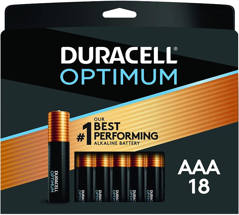 Photo 1 of Duracell Optimum AAA Batteries | Lasting Power Triple A Battery | Alkaline AAA Battery Ideal for Household and Office Devices | Resealable Package for Storage, 18 Count (Pack of 1)
