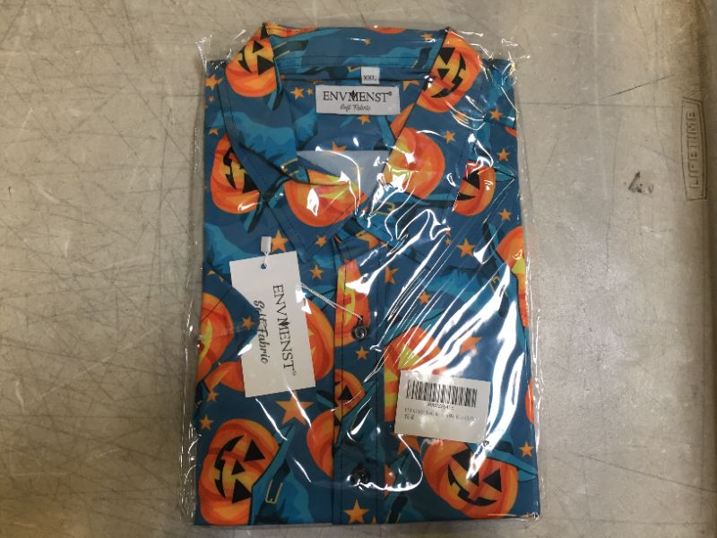 Photo 2 of ENVMENST Halloween Button Up Shirt for Men Fun Pumpkins Printed Casual Short Sleeve Hawaiian Aloha Shirts