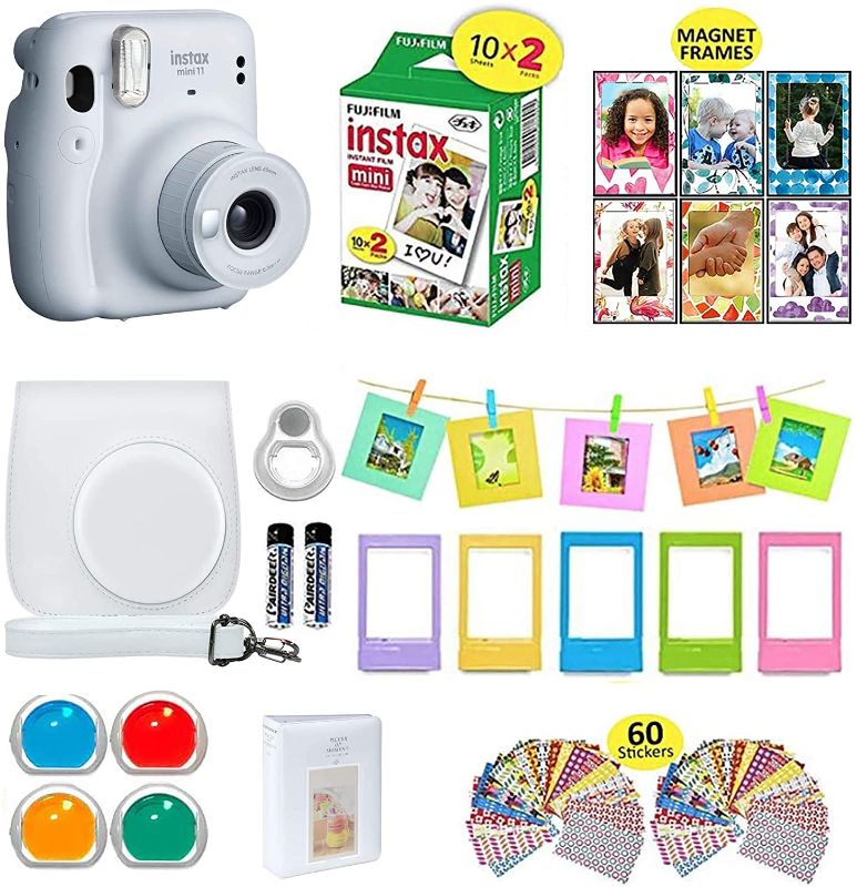 Photo 1 of Fujifilm Instax Mini 11 Instant Camera Ice White + Shutter Compatible Carrying Case + Fuji Film Value Pack (20 Sheets) + Shutter Accessories Bundle, Color Filters, Photo Album, Assorted Frames
