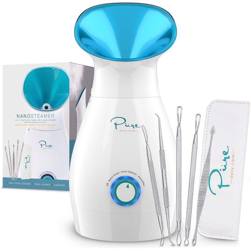 Photo 1 of NanoSteamer Large 3-in-1 Nano Ionic Facial Steamer with Precise Temp Control - 30 Min Steam Time - Humidifier - Unclogs Pores - Blackheads - Spa Quality - Bonus 5 Piece Stainless Steel Skin Kit
