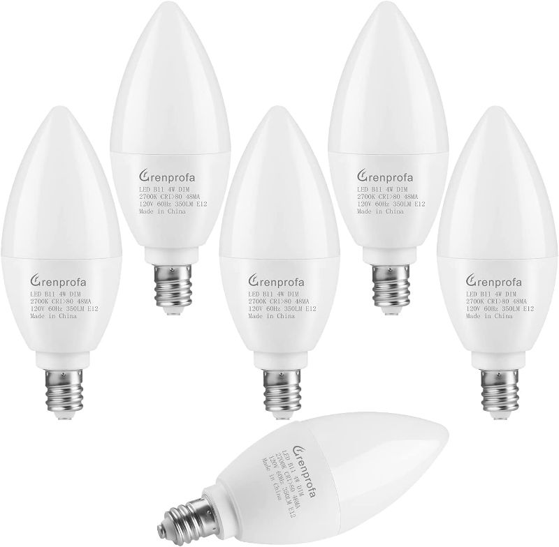 Photo 1 of Grenprofa E12 LED Candle Light Bulb Dimmable, 6 Pack 350 Lumen Small Chandelier Light Bulbs, 4W (40W Halogen Equivalent) 2700K Warm White Candalera LED Bulbs for Ceiling Fan Light, E12 Base, UL Listed
