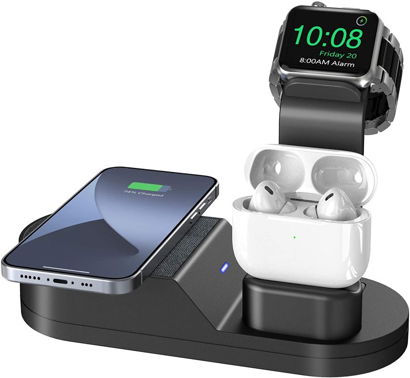 Photo 1 of Deszon Wireless Charging Station Compatible with Watch Stand iWatch Series 7 SE 6 5 4 3 2 1, AirPods Pro 2 1 and iPhone Series 13 12 11 Pro/Pro Max/Mini SE Xs X Max XR X 8 8P(No Adapter) Black