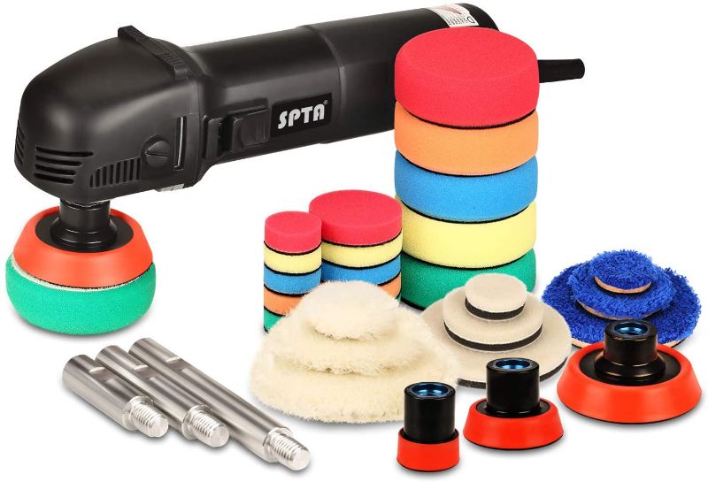 Photo 1 of SPTA Mini Polishing Machine Buffer Rotary Polisher Auto Detailing Superpolish with 27Pcs Detail Polishing Pad Mix Size Kit Buffing Pad and 75mm,100mm,140mm M14 Thread Extension Shaft
