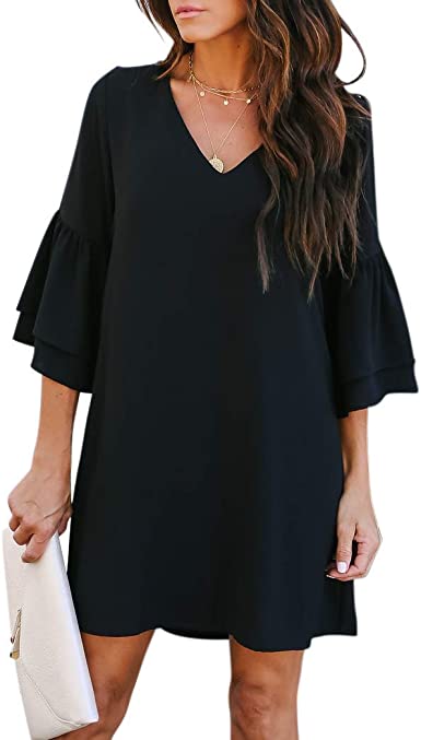 Photo 1 of BELONGSCI Women's Dress Sweet & Cute V-Neck Bell Sleeve Shift Dress Mini Dress
