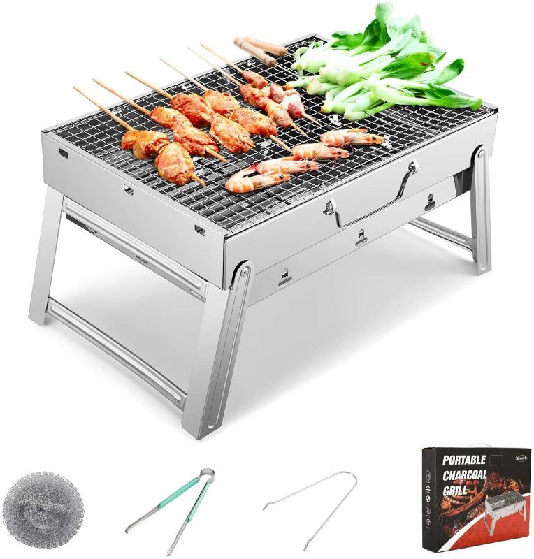 Photo 1 of 19x11.5x9.5 Inch Folded Charcoal BBQ Grill Set, Stainless Steel Portable Folding Charcoal Barbecue Grill, Barbecue Tool Kits for Outdoor Picnic Patio Backyard Camping Cooking
