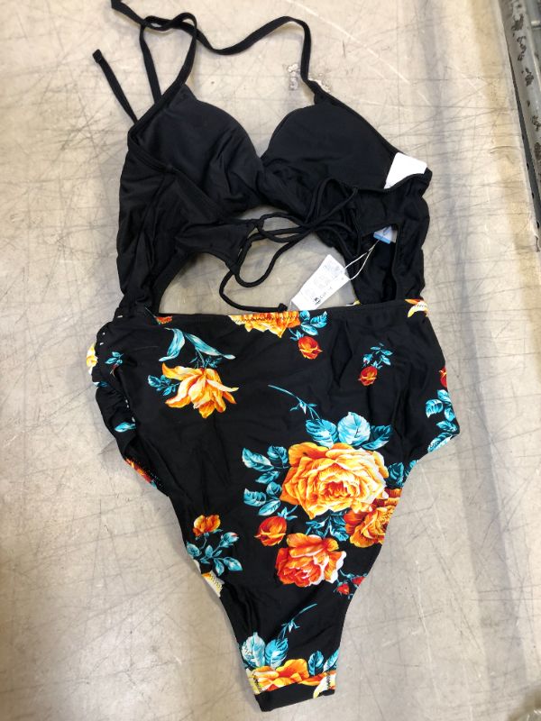 Photo 1 of WOMEN'S LARGE ONE PIECE SWIMSUIT CUT OUT MIDDLE HIGH WAIST BOTTOM TWIST TOP BLACK/FLORAL TIE NECK