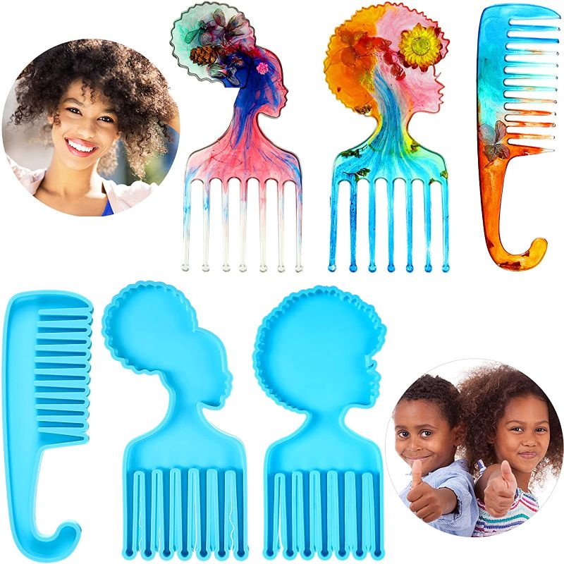 Photo 1 of 3 Pieces Afro Hair Comb Resin Mould Afro Female Women Silicone Resin Comb Moulds African Comb Silicone Mould Hair Comb Resin Casting Mould for Long Thick Curly Jewelry Craft Making Handmade Tools
