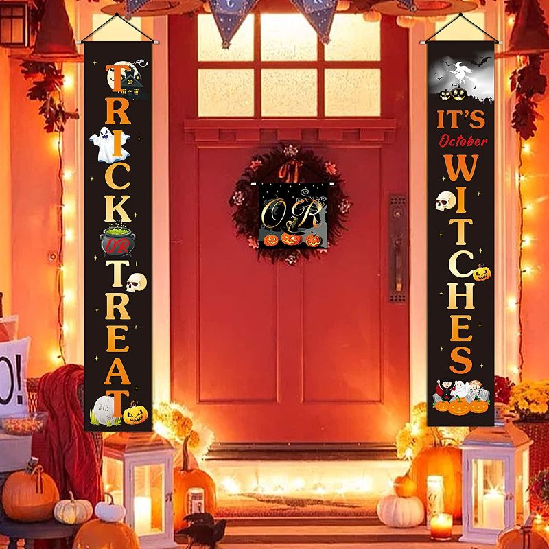 Photo 1 of 2 PACK Halloween Decorations Hanging Banner for Front Porch Outdoor Indoor, 3PCS Trick or Treat Witches Halloween Banner Welcome Signs for Front Door Office Home Decor Halloween Wall Decoration
