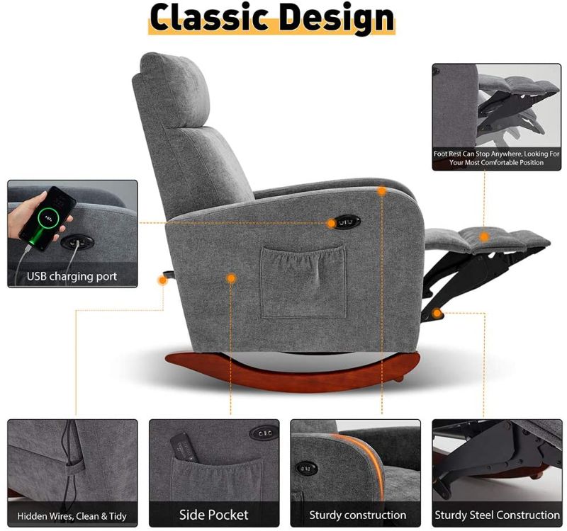 Photo 1 of AVAWING Electric Massage Recliner Chair, Chair with Heat Function USB Ports, Rocker Recliner Fabric Padded Seat Wood Base, Modern High Back Armchair with Footrest Remote Control for Home

