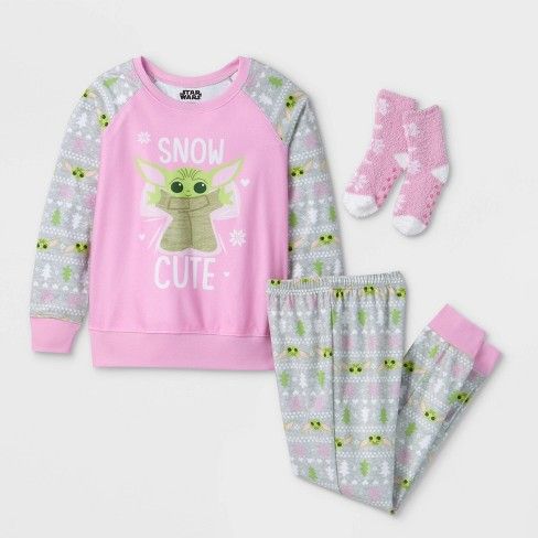 Photo 1 of Girls' Star Wars Baby Yoda 2pc Pajama Set with Socks - Gray/Pink SIZE LARGE 10/12
