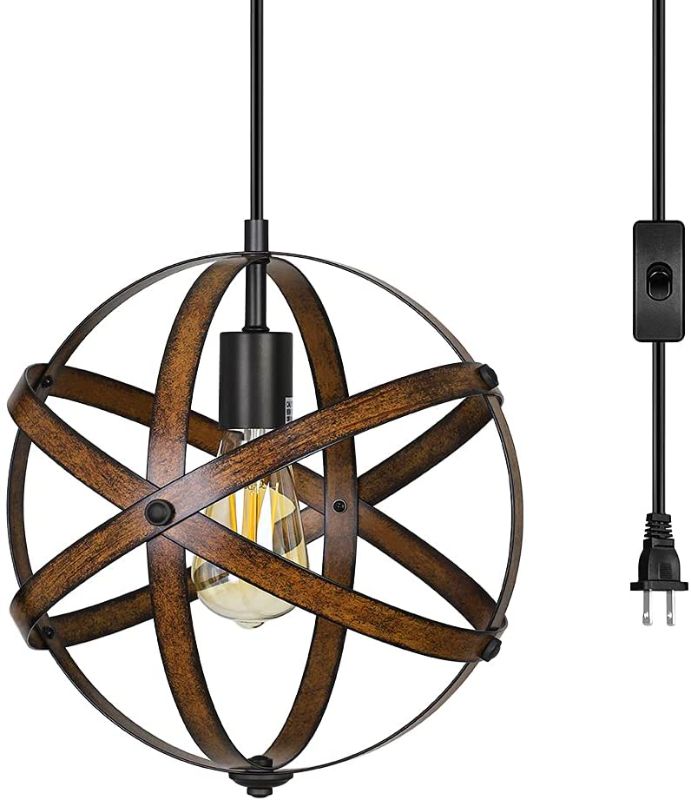 Photo 1 of DEWENWILS Plug in Pendant Hanging Light, Wood Grain Industrial Style Metal Globe Vintage Ceiling Light Fixture with 15FT Cord and ON/Off Switch for Kitchen Island, Bedroom, Dining Hall, Entryway
