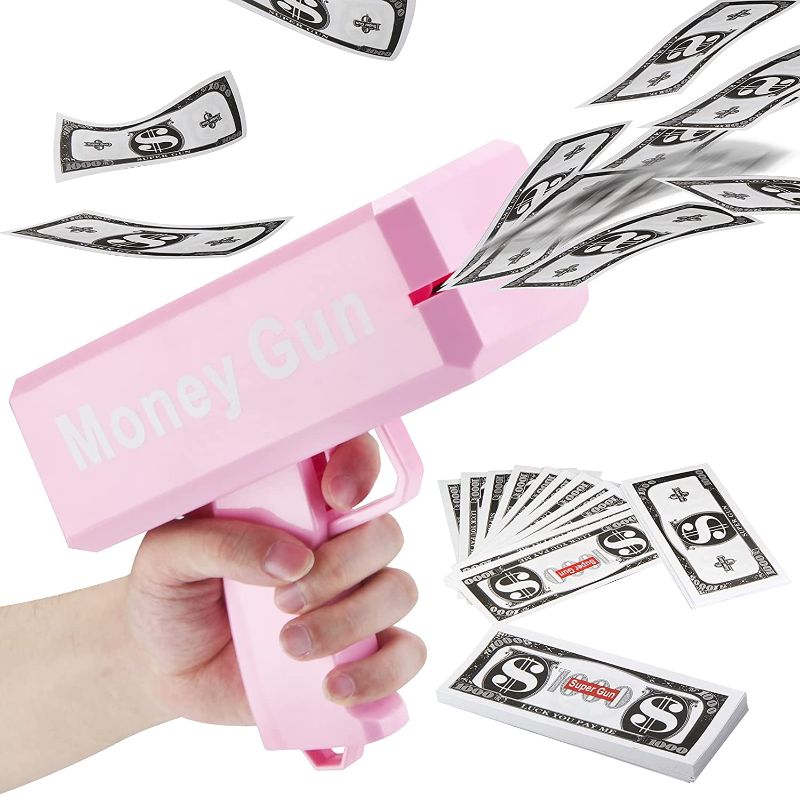 Photo 1 of LUYE Money Gun Cash Rain Toy Guns 100 PCS Play Money Prop Gun for Playing Movies Party Game Gifts for Birthday Enjoyment Spray Cash Gun(Pink)
