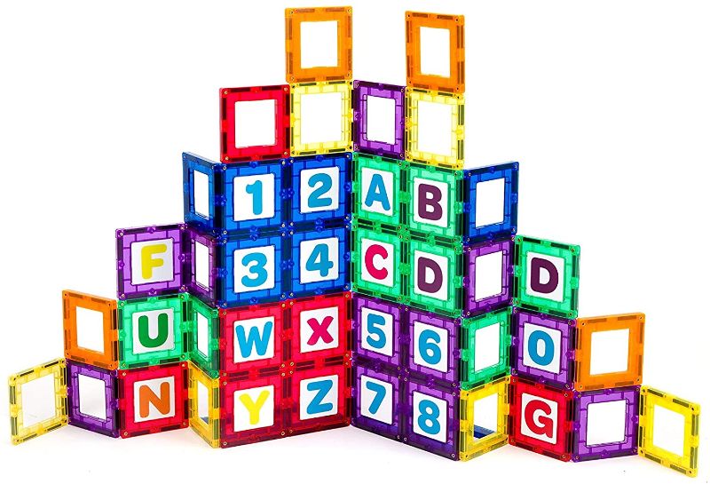 Photo 1 of Playmags Magnetic Tile Building Set: Exclusive Educational Clickins 36-Pc. Kit: 18 Super Strong Clear Color Magnet Tiles Windows & 18 Letters & Numbers Stimulate Creativity & Brain Development
