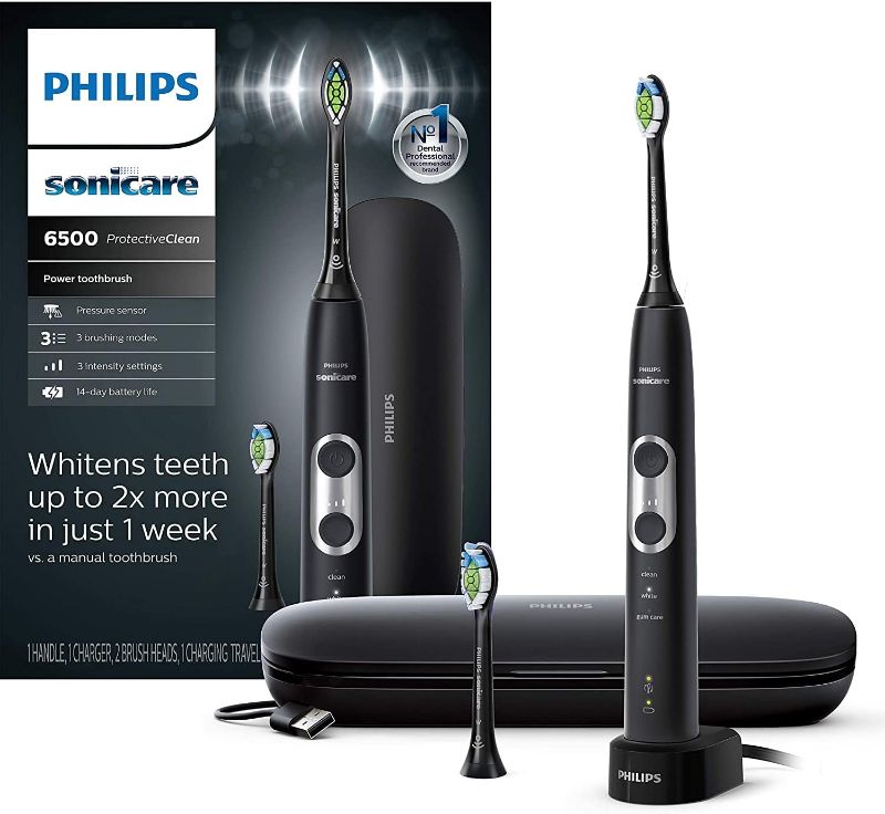 Photo 1 of Philips Sonicare ProtectiveClean 6000 Series Electric Rechargeable Toothbrush, BrushSync Technology, 3 Intensities, 3 Modes with Charging Travel Case and Extra Brush Head + Cleaning Cloth (Black)
