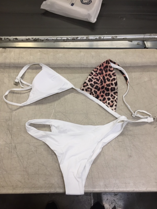 Photo 1 of Generic White and Cheetah Print Two Piece Swimsuit. XL