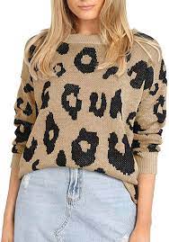 Photo 1 of Carprinass Women's Stylish Leopard Pullover Sweater Long Sleeve Knitwear Blouse. Medium
