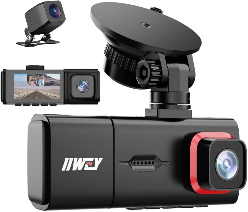 Photo 1 of 3 Channel Dash Cam, iiwey Full HD 1080P Front and Rear Inside Three Way Dash Camera for Cars, IR Night Vision, 2.45 Inch IPS Screen, 24H Parking Monitor, Motion Detection for Uber Taxi Driver
