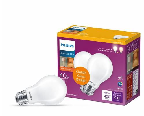 Photo 1 of 40-Watt Equivalent A19 Dimmable with Warm Glow Dimming Effect Energy Saving LED Light Bulb Soft White (2700K) (2-Pack)
