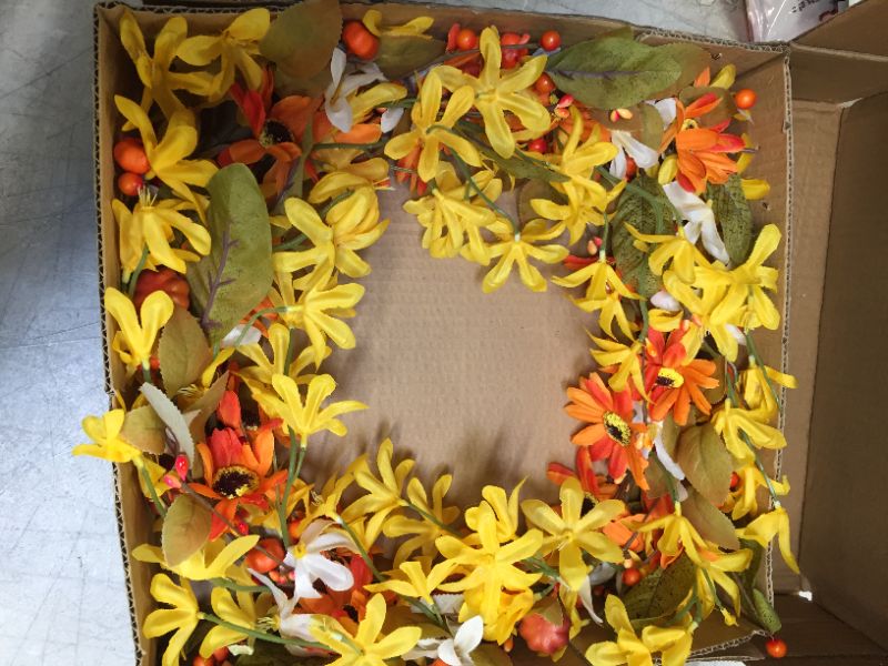 Photo 2 of Artificial Fall Flower Wreath,20” Orange Yellow White Floral Wreath Autumn Wreath with Pumpkins and Berries Front Door Wreath for Home Decor and Thanksgiving Celebration
