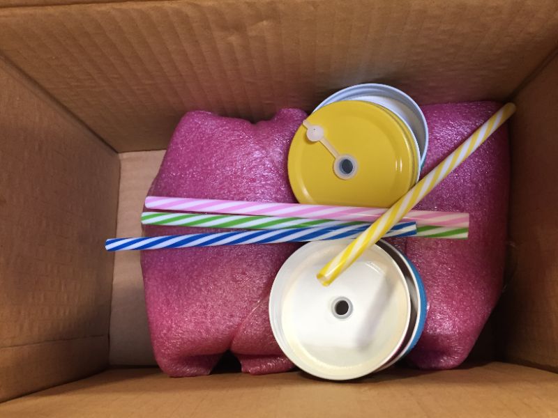 Photo 1 of 4 pack x 16 oz Mason Jar Mugs with Handles, Lids, Reusable Straws with Fruit Patterned Stainless Steel Lids and Straws, Glass Drinking Cup Regular Mouth, BPA Free, Food Grade and Dishwasher Safe
