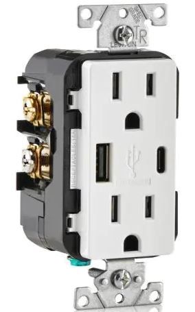 Photo 1 of 15 Amp Decora Type A and C USB Charger Tamper-Resistant Outlet, White
