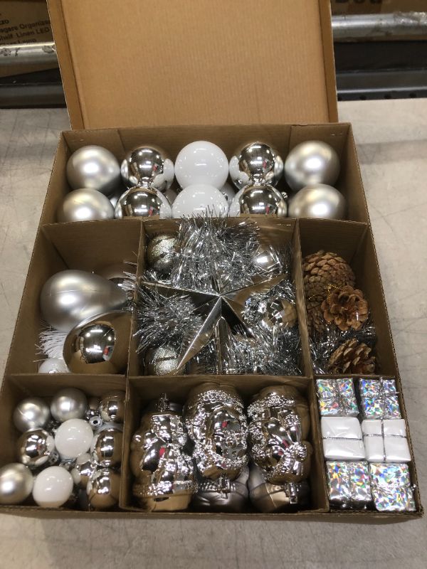 Photo 2 of Christmas Tree Ornament, 104 Pcs Assorted Christmas Hanging Ornaments Shatterproof Christmas Ball Set for Xmas Tree Decoration (Silver)
