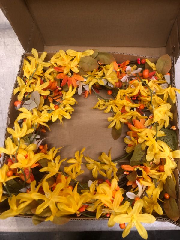 Photo 2 of Artificial Fall Flower Wreath,20” Orange Yellow White Floral Wreath Autumn Wreath with Pumpkins and Berries Front Door Wreath for Home Decor and Thanksgiving Celebration
