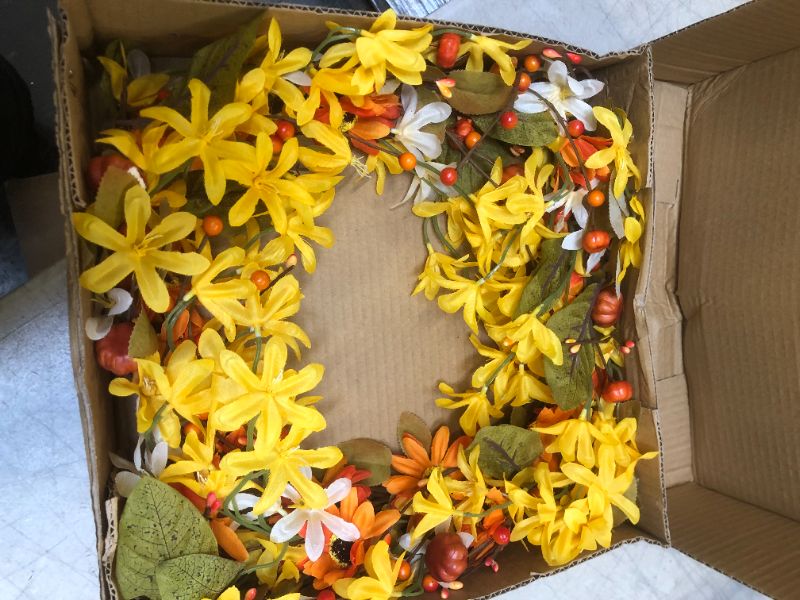 Photo 2 of Artificial Fall Flower Wreath,20” Orange Yellow White Floral Wreath Autumn Wreath with Pumpkins and Berries Front Door Wreath for Home Decor and Thanksgiving Celebration
