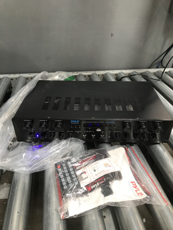 Photo 1 of Wireless Home Audio Amplifier System - Bluetooth Compatible Sound Stereo Receiver Amp - 6 Channel 600Watt Power, Digital LCD, Headphone Jack, 1/4'' Microphone IN USB SD AUX RCA FM Radio - Pyle PTA66BT