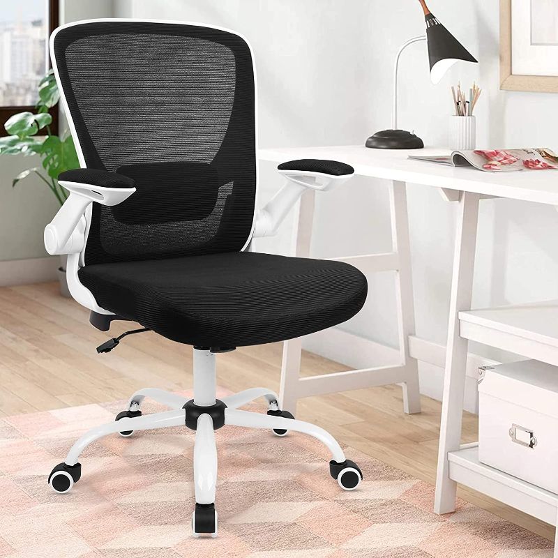 Photo 1 of Komene Home Office flip Chair, Ergonomic Office Large Round Chairs, Mid Back Adjustable Chair with Flip-up Armrests, Swivel Task Rolling Chair with Lumbar Support - ***PRODUCT IS BLACK!!!