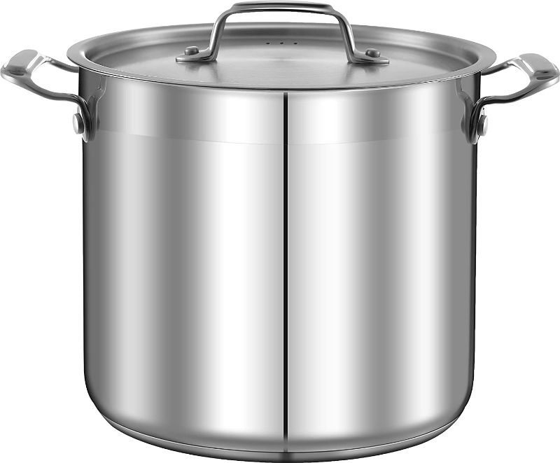 Photo 1 of 12-Quart Stainless Steel Stockpot - 18/8 Food Grade Heavy Duty Large Stock Pot for Stew, Simmering, Soup, Includes Lid, Dishwasher Safe, Works w/ Induction, Ceramic & Halogen Cooktops
