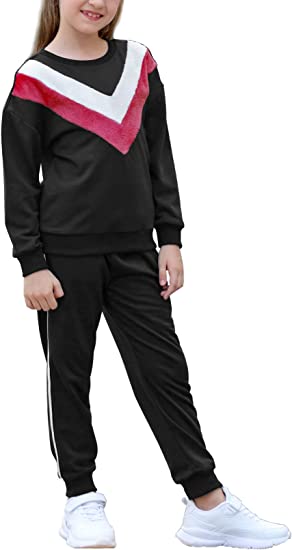 Photo 1 of GORLYA Girl's 2 Piece Contrast Faux Fur Athletic Pullover Sweatshirt Outfit Sweatpants Set for6-7 yrs
