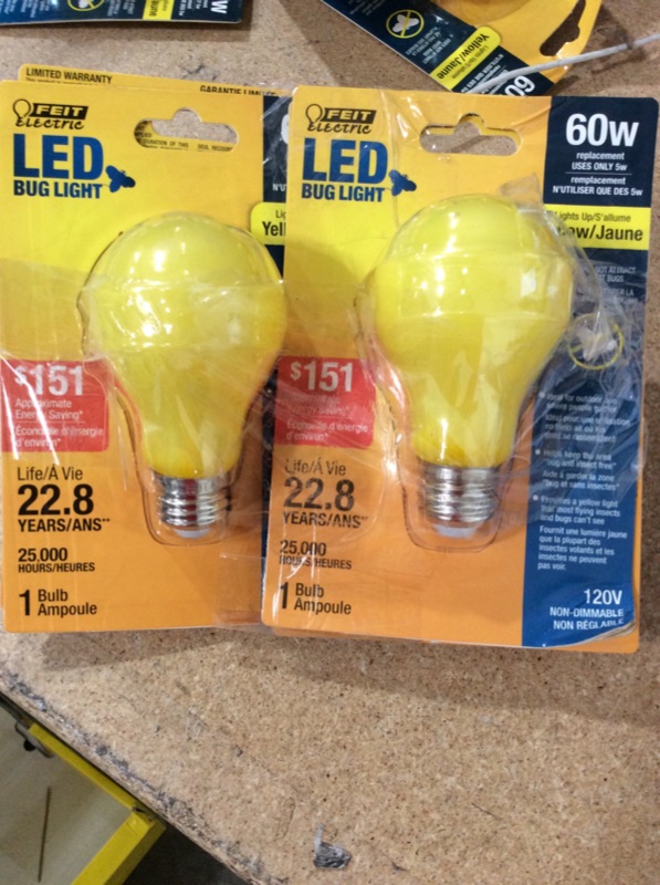 Photo 2 of 4 lights Feit Electric LED 5W(60W Equivalent) Yellow Bug Light A19 E26 Non-Dimmable