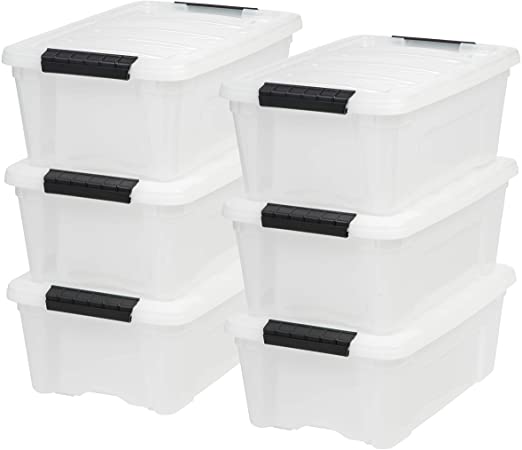 Photo 1 of   IRIS USA 12 Qt. Plastic Storage Bin Tote Organizing Container with Durable Lid and Secure Latching Buckles, Stackable and Nestable, 6 Pack, Pearl with Black Buckle *Minor Damage*