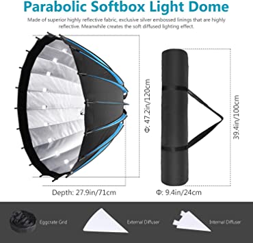 Photo 1 of Neewer 47-inch/120CM Hexadecagon Parabolic Softbox with Grid and Carrying Bag, Portable Softbox for LED Lights and Studio Flash with Bowens Mount, Studio Flash Umbrella Diffuser