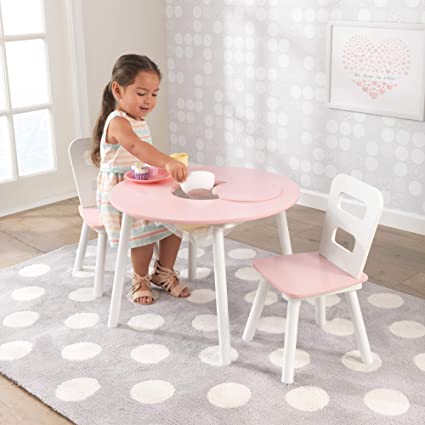 Photo 1 of KidKraft Wooden Round Table & 2 Chair Set with Center Mesh Storage- Pink & White
