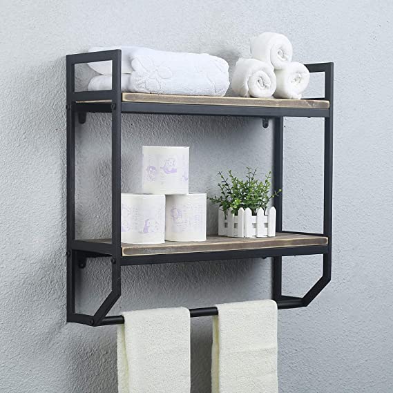 Photo 1 of 2-Tier Metal Industrial 23.6" Bathroom Shelves Wall Mounted,Rustic Wall Shelf Over Toilet,Towel Rack with Towel Bar,Utility Storage Shelf Rack,Floating Shelves Towel Holder,Black
