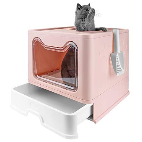 Photo 1 of Bolux Foldable Cat Litter Box with Lid, Extra Large Litter Box with Cat Litter Scoop, Drawer Type Cat Litter Pan Easy to Scoop & Low Tracking ( Pink, 20" L x 16" W x 15" H )