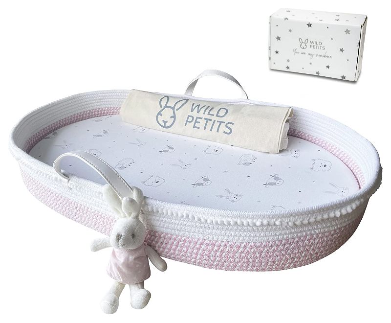 Photo 1 of Baby Changing Basket, Changing Table Topper with Thick Foam Pad, Waterproof Cover, Organic Cotton Sheets with a Cute Animal Print, Bunny Rattle and Storage Bag (Pink)
