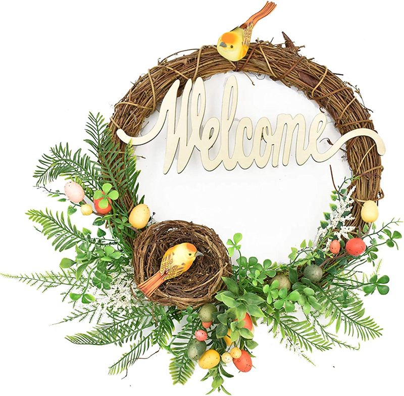 Photo 1 of Alapaste Artificial Green Leaf Wreath with Lifelike Birds Nest,17 Inch Handcrafted Welcom Wreath for Front Door Easter Celebration Window Hanging Decoration
