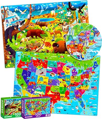 Photo 1 of 100 Pieces Floor Puzzles for Kids Ages 3-5 – 2 Jigsaw Toddler Puzzles 4-8 Years Old by Quokka – Games for Learning USA Map and National Park - Gift United States Toy to Boy and Girl Age 6-8-10