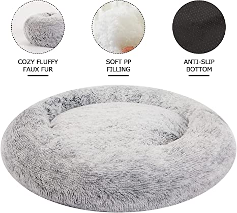 Photo 1 of Bedfolks Calming Donut Dog Bed, 30 Inches Round Fluffy Dog Beds for Medium Dogs, Anti-Anxiety Plush Dog Bed, Machine Washable Pet Bed (Dark Grey, Medium)